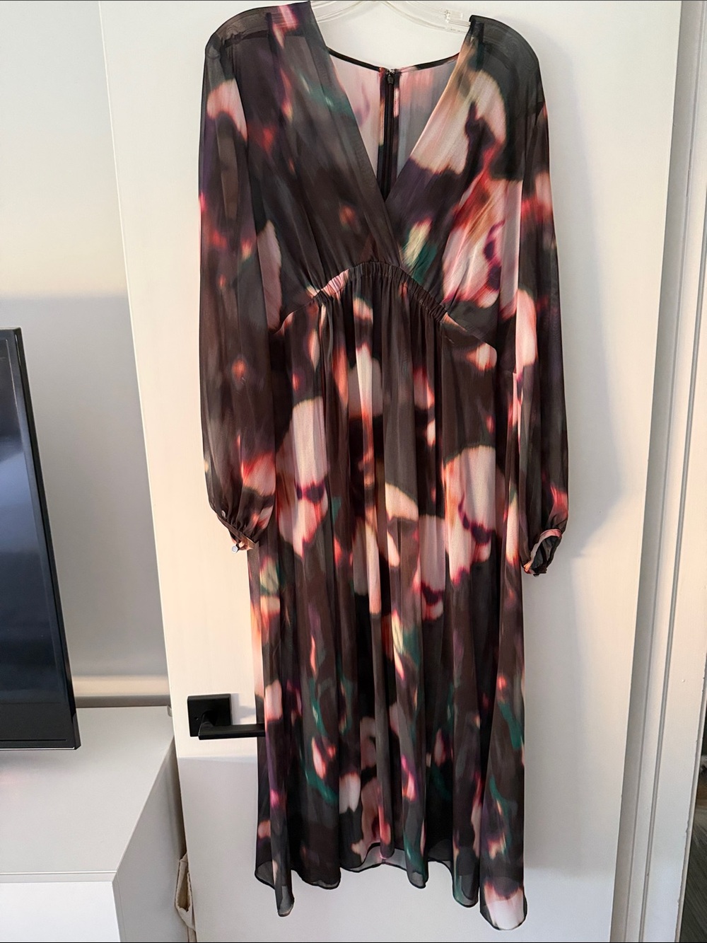 DKNY Long Sleeve Multi-Color Printed Maxi Dress with slip